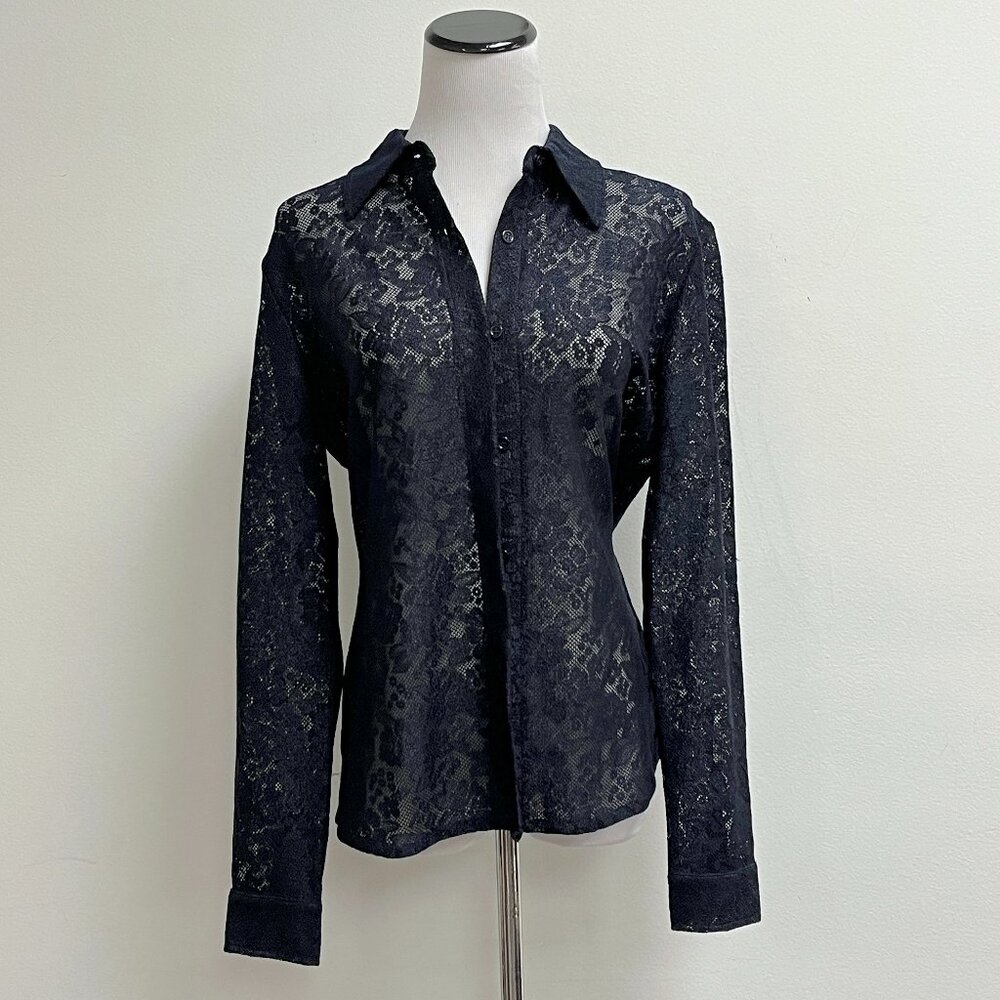 New York & Company black lace button up top M long sleeve sheer